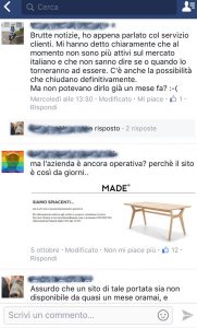 Alcuni dei commenti sulla pagina Facebook di Made.com