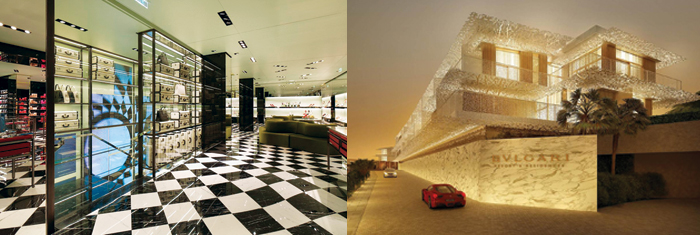 Negozio Prada di Parigi su progetto di Roberto Baciocchi e Bulgari Resorts a in Dubai by Antonio Citterio Patricia Viel and Partners